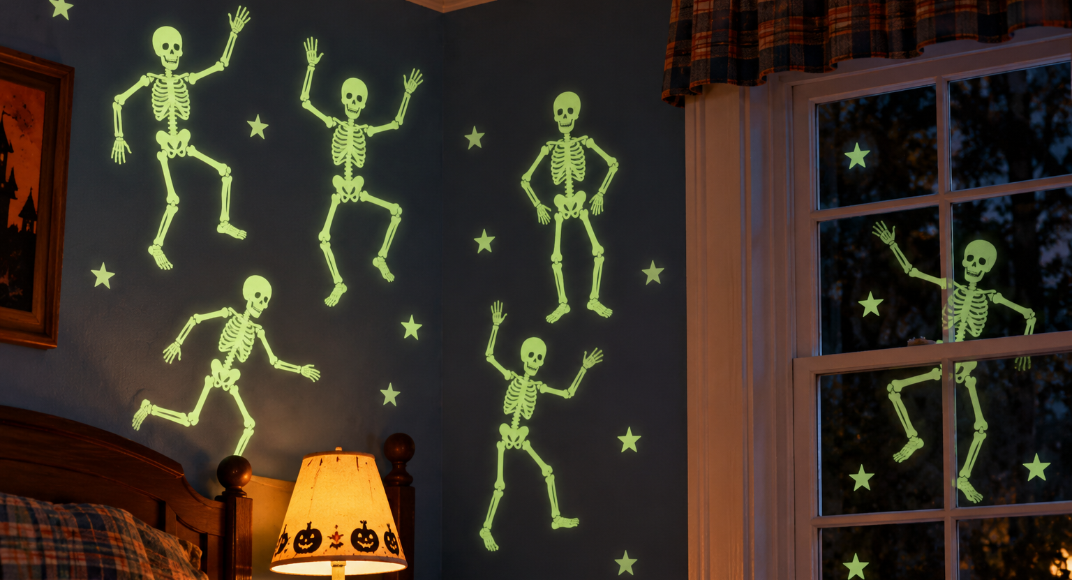 Glow-in-the-dark skeleton and star decals arranged on a bedroom wall and window.