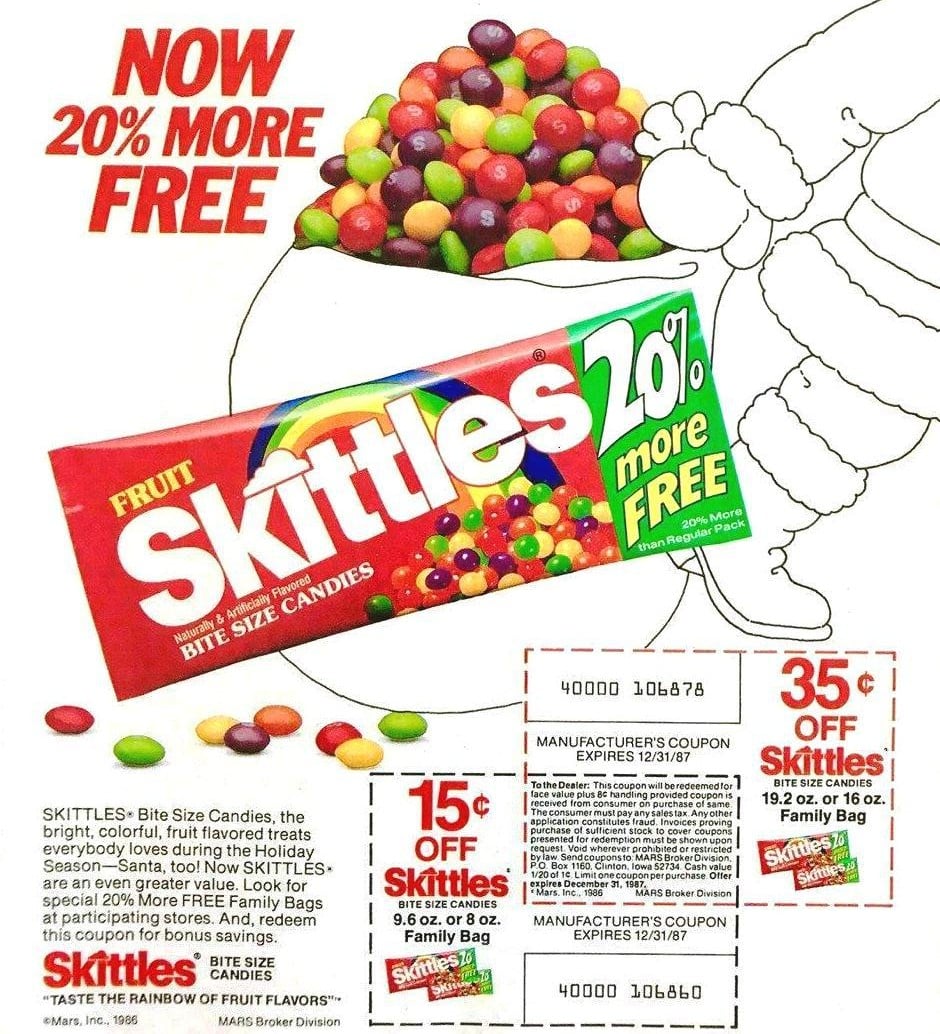 Advertisement for Skittles candy featuring a pile of colorful candies, a bag with a “20% more free” burst, and two manufacturer coupons for 15 cents and 35 cents off, both expiring December 31, 1987.