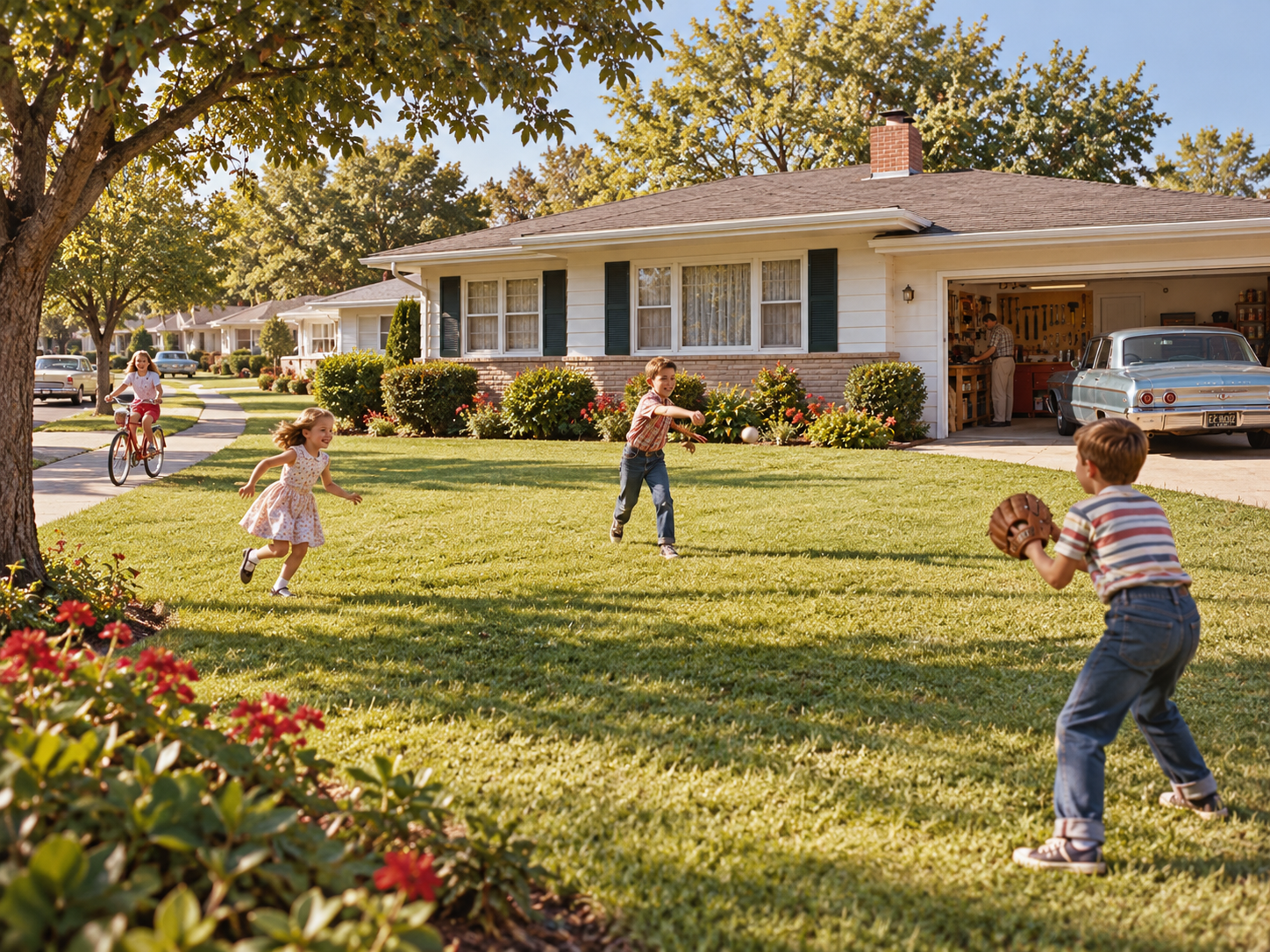 Two children play catch in a suburban front yard while another child rides a bicycle nearby and a person works in a garage.