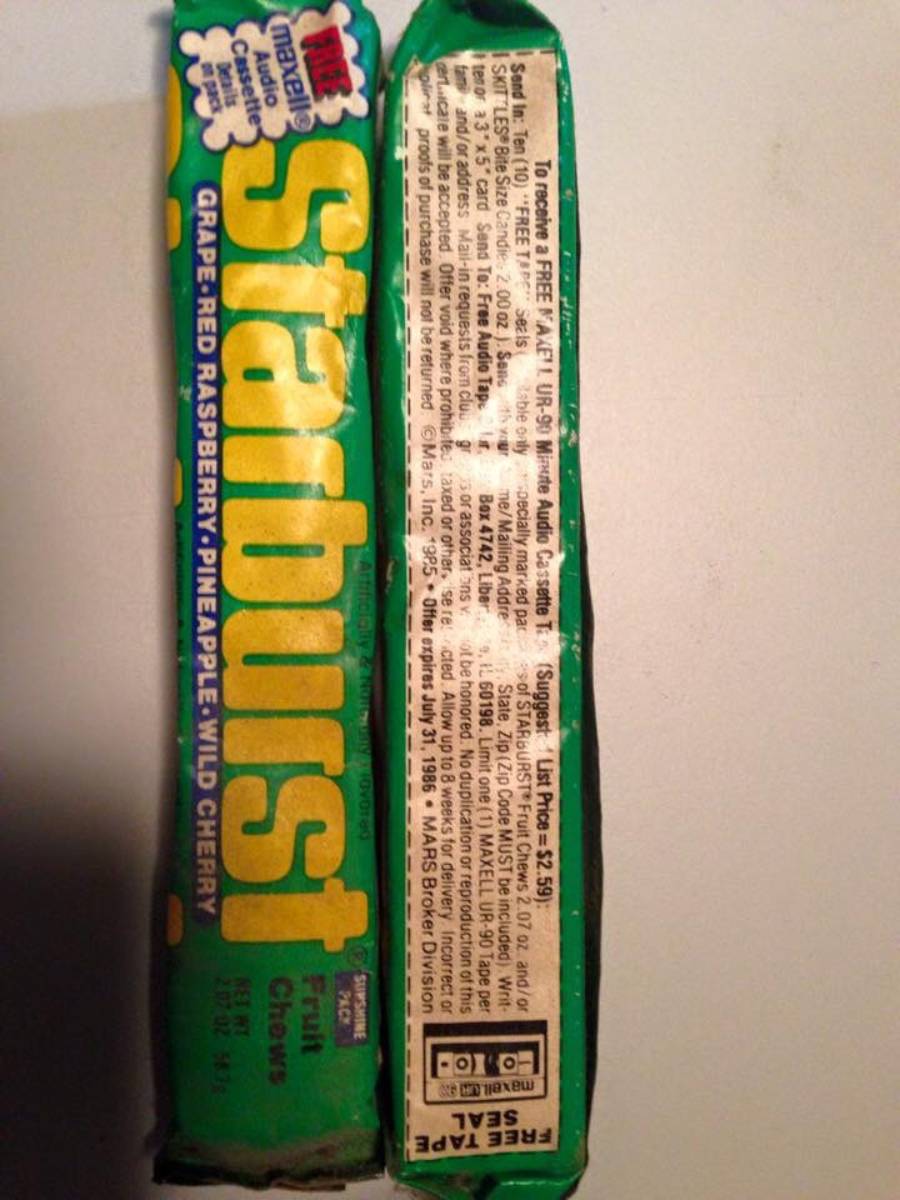A multi-pack of Starburst fruit chews featuring flavors of grape, red raspberry, pineapple, and wild cherry, with a mail-in offer for a free Maxell audio cassette tape printed on the back.