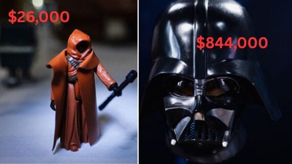 A split image showing a $26,000 Jawa action figure on the left and an $844,000 Darth Vader helmet on the right.