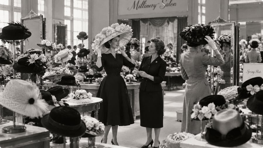 A woman tries on a large floral hat in a millinery salon while another woman looks on.