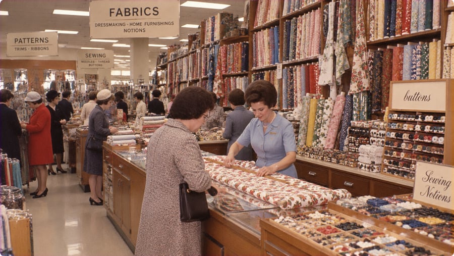 A store clerk measures fabric for a customer at a counter in a fabric shop with shelves of fabric rolls and displays of buttons and sewing notions.
