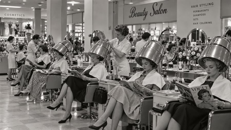 Women sit in a row of salon chairs under large hooded hair dryers, reading magazines while a stylist assists a customer.