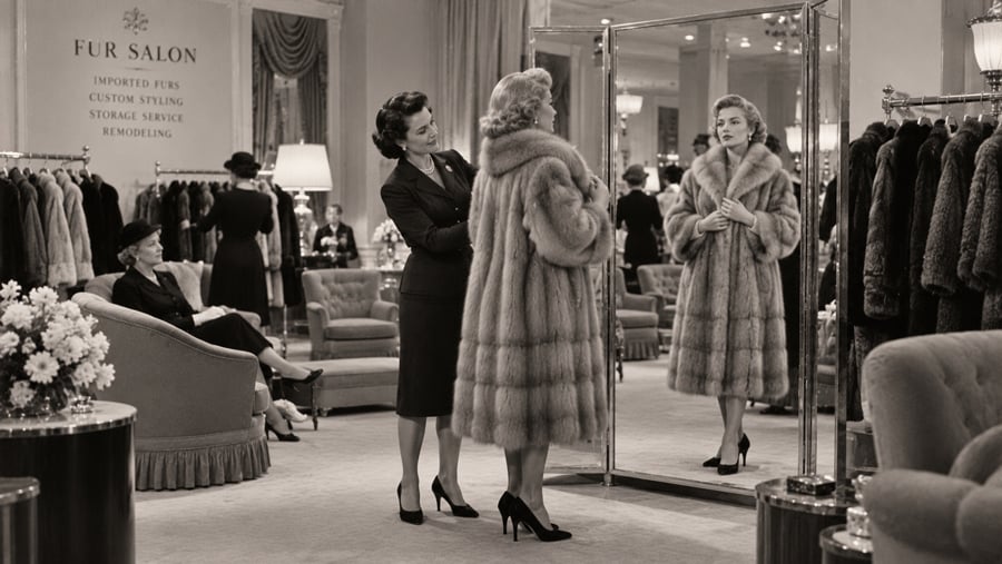 A woman tries on a fur coat while a salon employee adjusts the collar, as viewed in a three-panel dressing mirror.