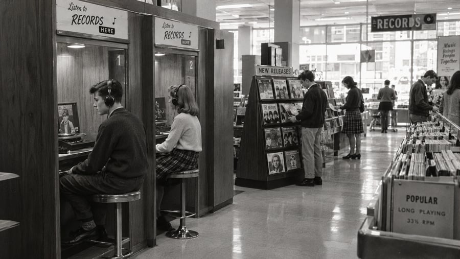 Customers browse records and sit in listening booths at a music store.