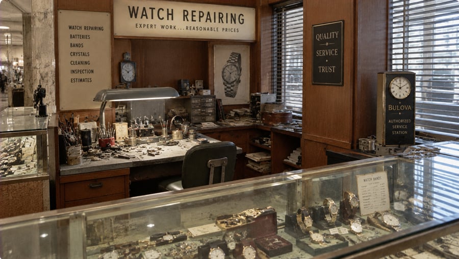 A vintage watch repair shop interior featuring a cluttered workbench beneath a “Watch Repairing” sign, with glass display cases containing watches and bands in the foreground.