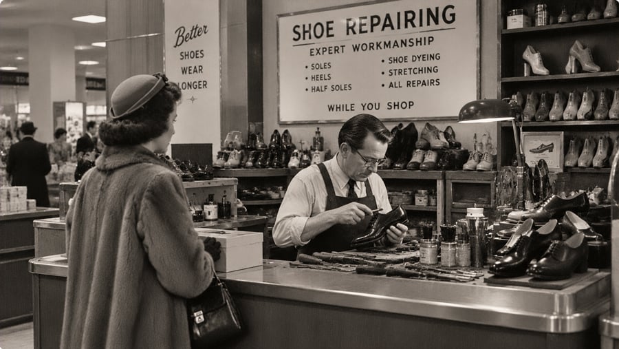 A cobbler works on a shoe at a repair counter while a customer stands and watches.