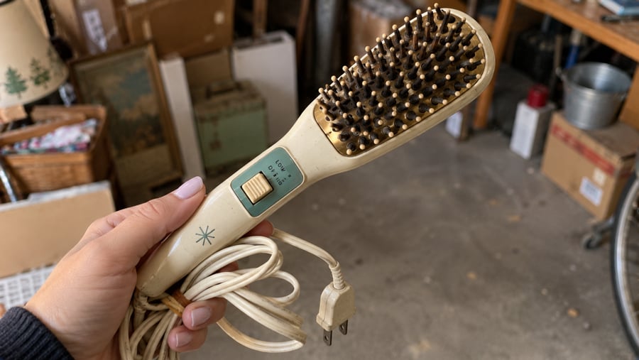 Handheld electric hair straightening brush with a two-setting power switch.