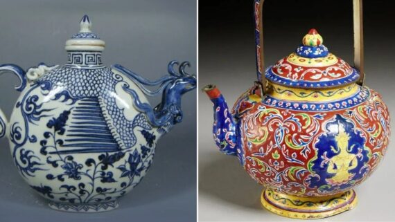 Two ornate ceramic teapots: one decorated in blue and white with a dragon spout, the other featuring intricate, colorful patterns and a seated figure.