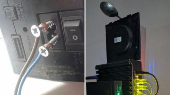 Two images of modified electronics: a power cable attached to a device using screws in the left view, and a metal spoon resting on an open optical disc drive in the right view.