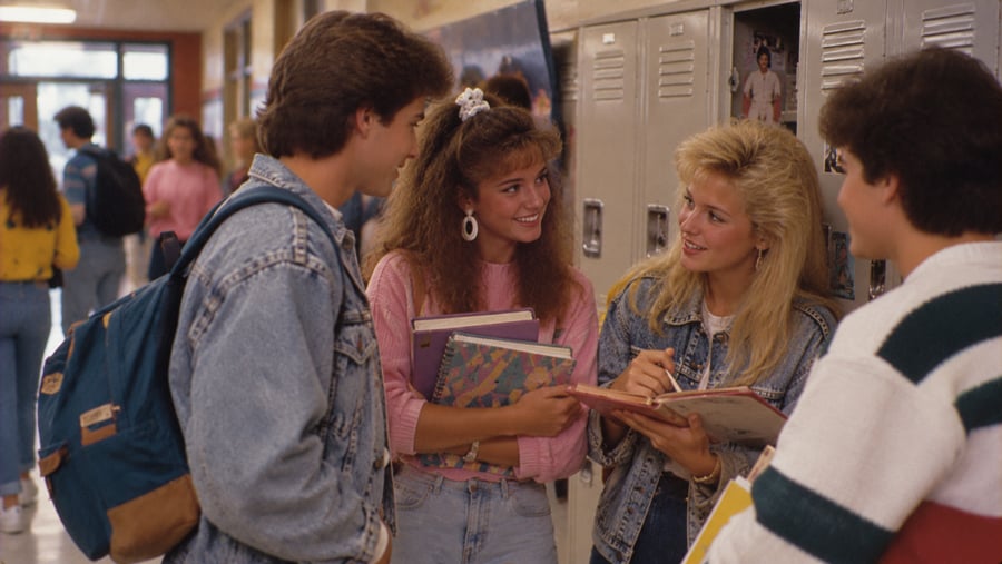 Four high school students talking and studying in a school hallway lined with lockers.