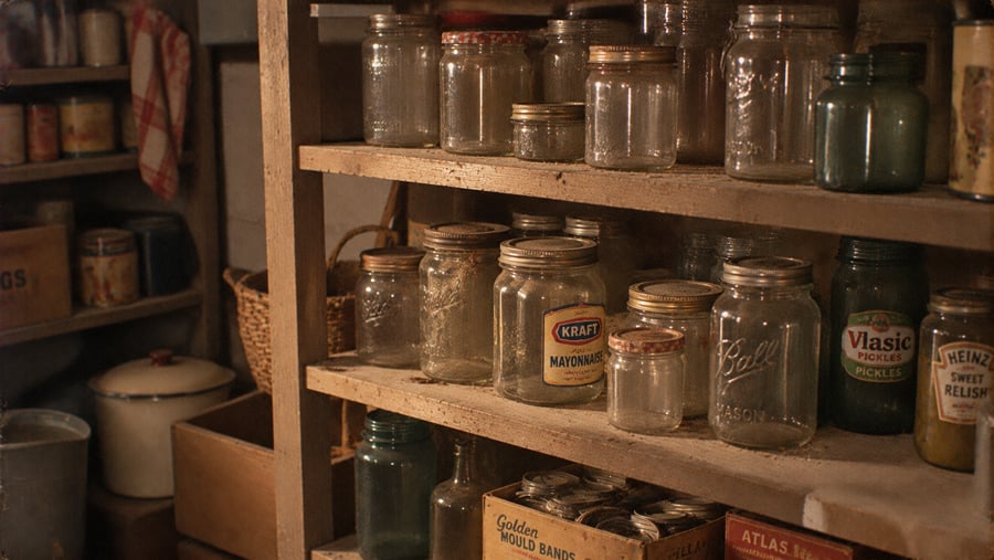 Wooden pantry shelves stocked with assorted empty glass canning jars, including labeled jars for Kraft mayonnaise, Vlasic pickles, and Heinz relish.