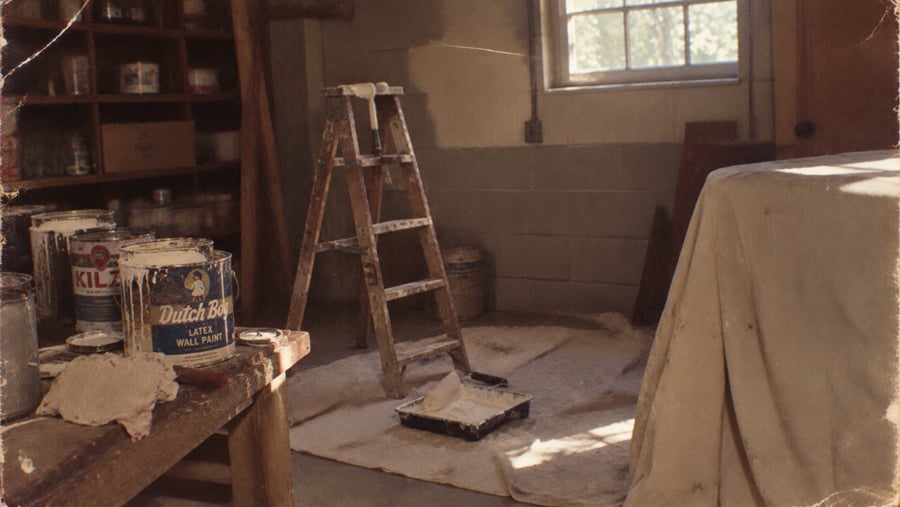 A room undergoing renovation with paint cans on a workbench, a stepladder, a paint tray, and furniture covered with a drop cloth.