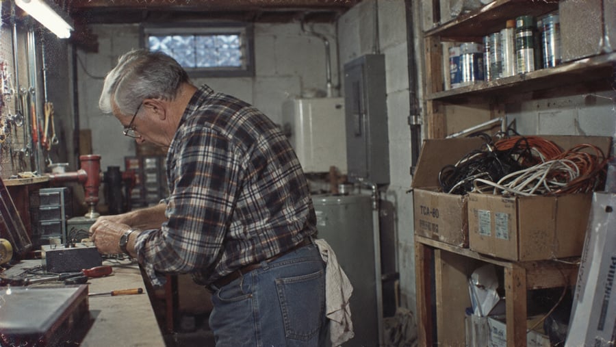 An older man in a plaid shirt repairs an electronic device at a cluttered workbench in a basement workshop.