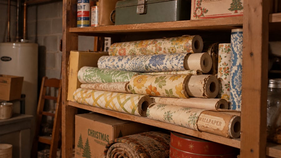Several rolls of patterned vintage wallpaper stacked on wooden shelves in a basement.