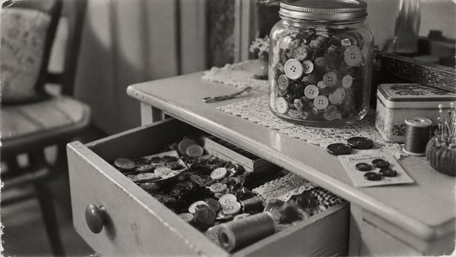 A wooden drawer and tabletop filled with collections of loose sewing buttons, spools of thread, and a glass jar of buttons.