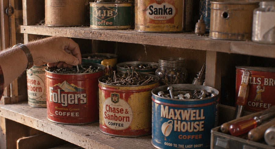 A hand reaches into a Folgers coffee tin filled with nails, resting on a wooden shelf among other vintage coffee cans used for hardware storage.