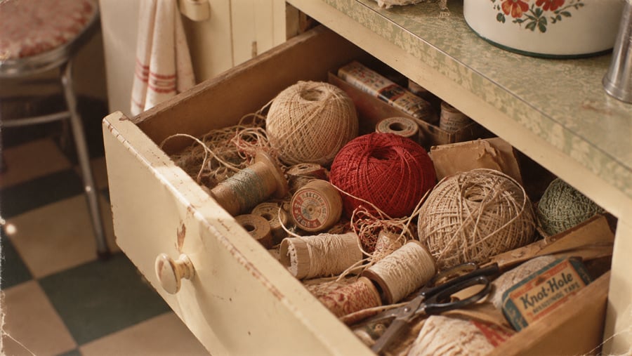 A kitchen drawer filled with various spools of thread, yarn balls, and a pair of scissors.