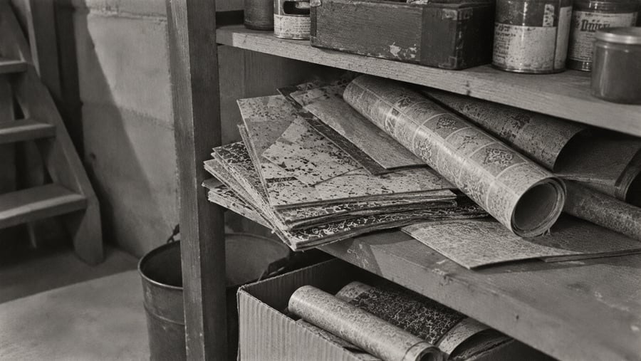Stacks and rolls of patterned wallpaper on wooden storage shelves.