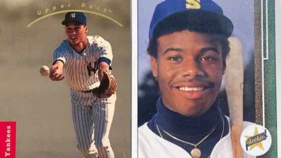 Two baseball trading cards: one featuring a New York Yankees player throwing a ball, and the other a portrait of a player holding a bat with a “Rookie” star emblem.