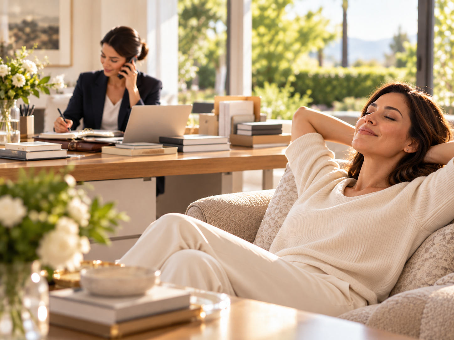 A woman relaxes in an armchair with her hands behind her head, while another woman works at a desk in the background.