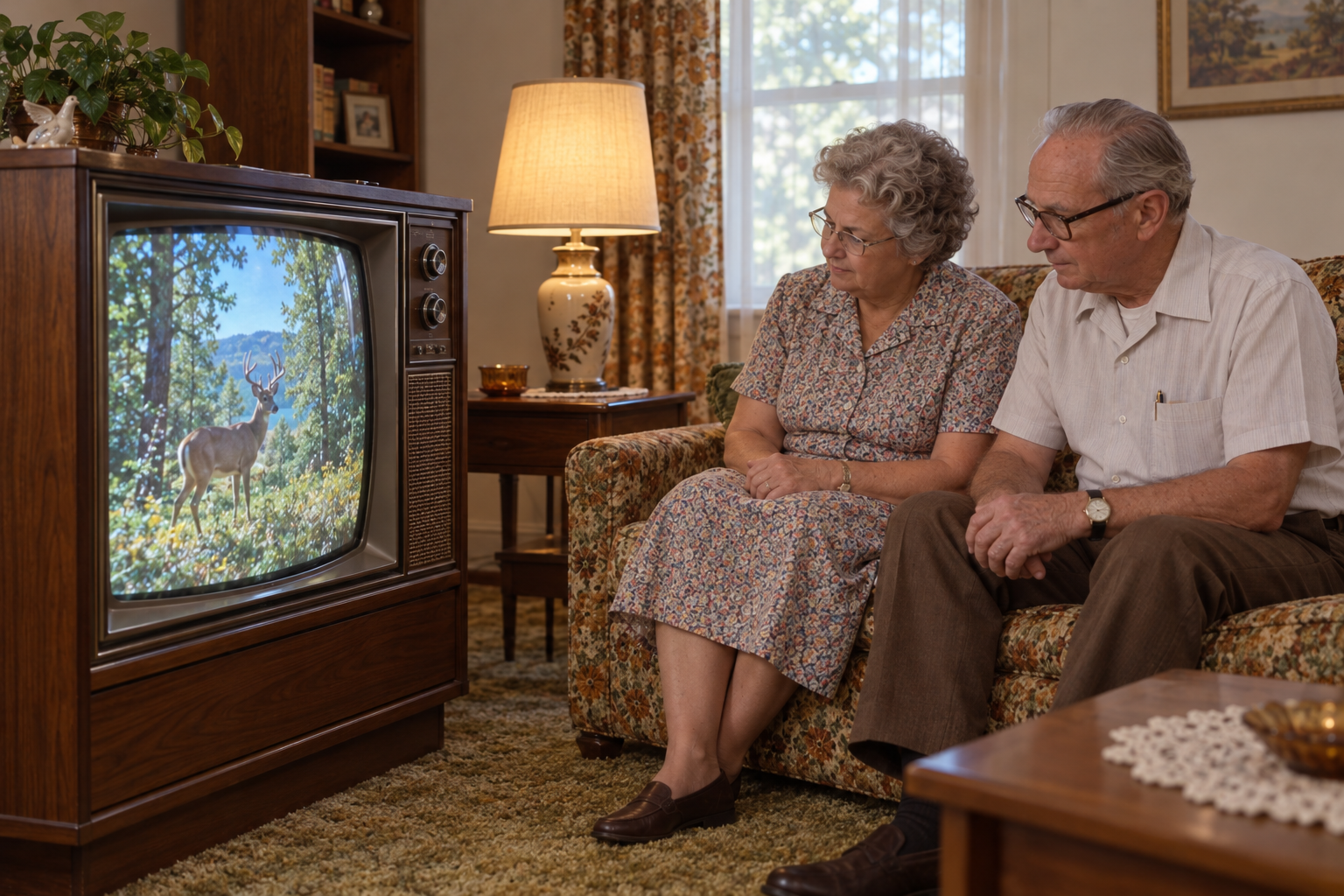 An elderly couple sits on a patterned sofa watching a deer on a vintage wooden console television.