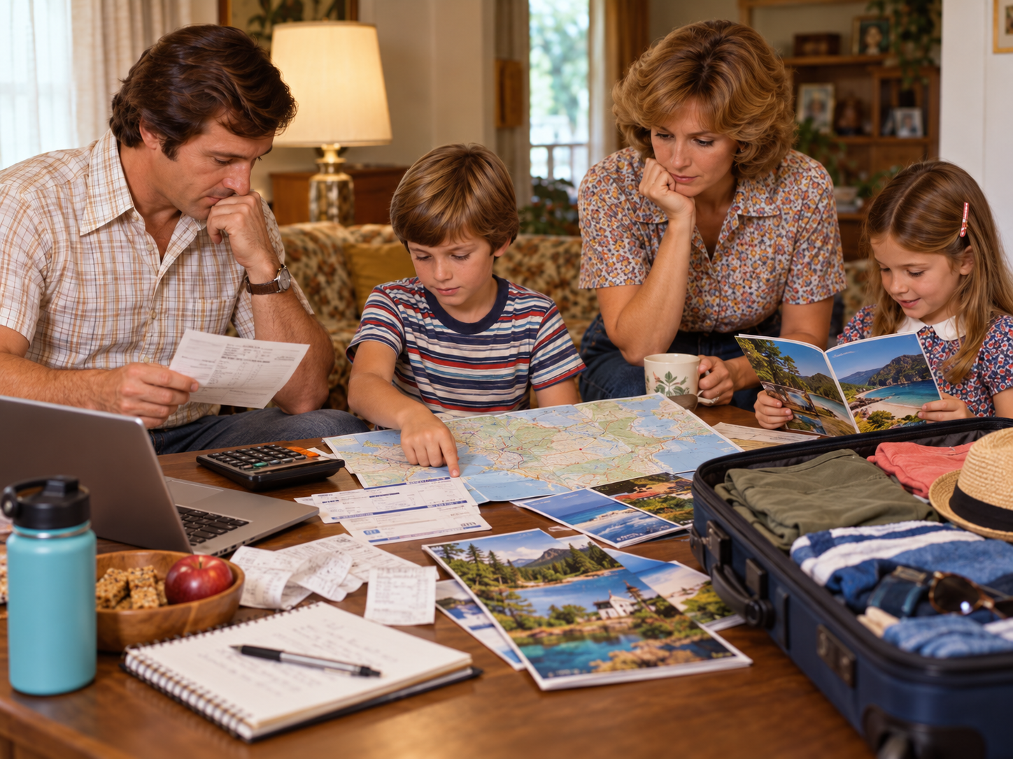 A family sits at a table planning a trip with a map, travel brochures, a laptop, and a partially packed suitcase.