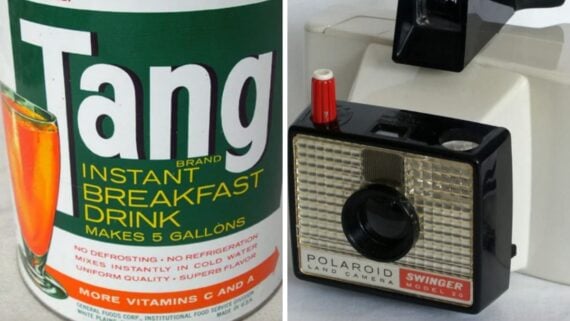A side-by-side view showing a container of Tang instant breakfast drink and a Polaroid Swinger Model 20 camera.