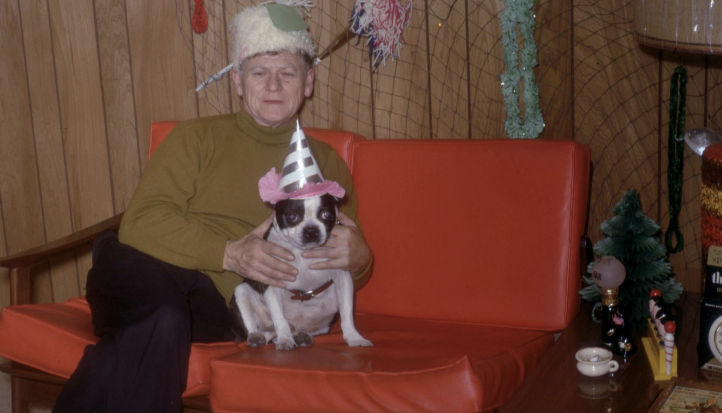 A person wearing a party hat sits on a red sofa, holding a small dog that is also wearing a party hat.