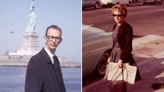 A split image showing a man in a dark coat standing in front of the Statue of Liberty and a woman in a dress and cardigan standing next to a car.
