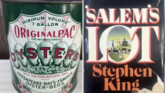 Side-by-side images showing a vintage green one-gallon metal oyster tin and the cover of the novel “Salem’s Lot” by Stephen King.