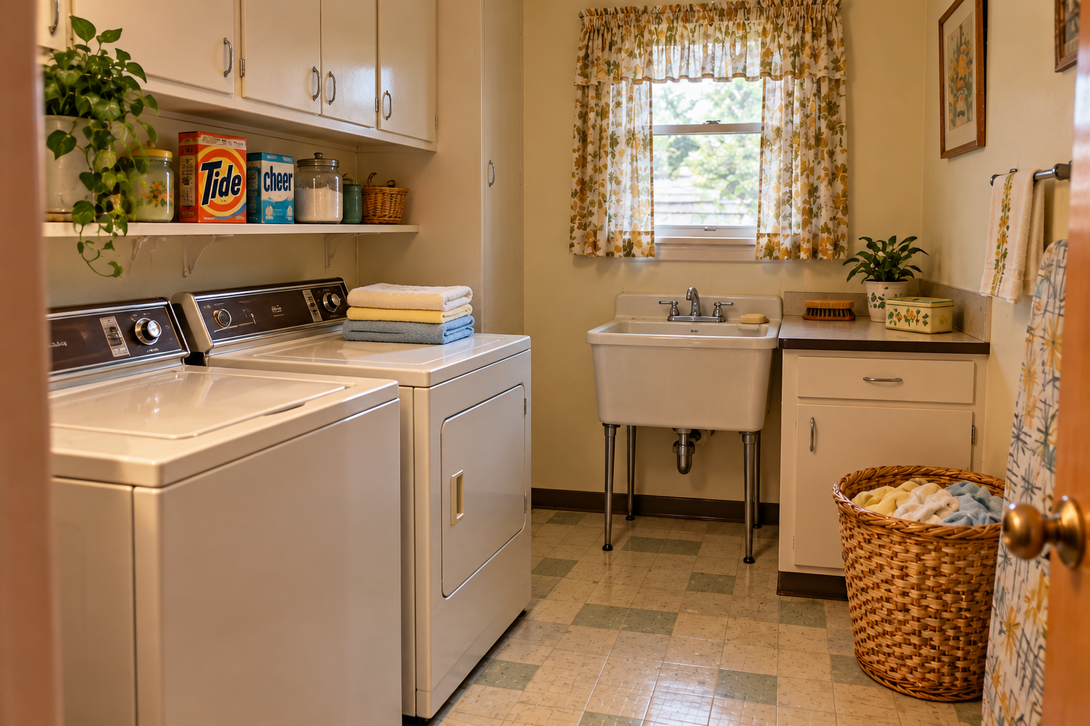 A laundry room with white appliances, a utility sink, and a wicker basket filled with folded laundry.