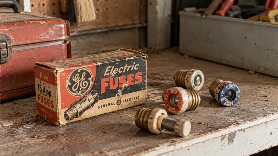 A vintage GE Electric Fuses box sits on a dusty workbench beside four old screw-in fuses, tools, and a rusty metal toolbox in the background.