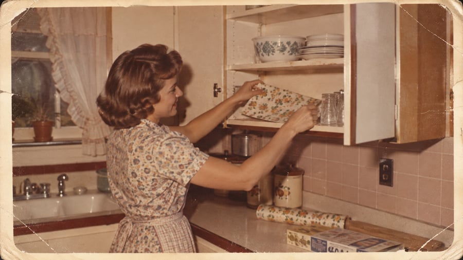 A woman in a floral dress lines a kitchen cabinet shelf with patterned paper. Plates, bowls, and glasses are on the shelves. The kitchen has vintage decor, pink tiles, and a window with curtains.