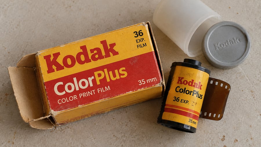 A 35mm Kodak ColorPlus film roll with some film exposed, its yellow and red cardboard box, and a gray plastic canister with a lid, all placed on a beige surface.