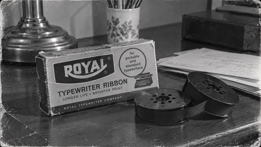 A box labeled “Royal Typewriter Ribbon” sits beside two typewriter ribbon spools on a desk, with papers, a pen holder, and a lamp in the background. The image is black and white.