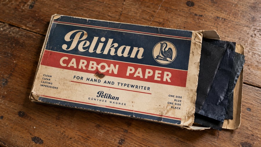 A worn Pelikan carbon paper box sits on a wooden surface, partly open to reveal black sheets inside. The vintage packaging has blue, red, and beige colors, with product details and a pelican logo on the front.