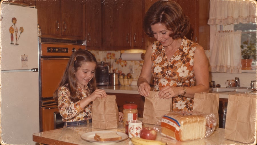 A woman and a young girl, both in matching floral tops, smile as they pack brown paper lunch bags in a vintage kitchen with bread, fruit, and peanut butter on the counter.