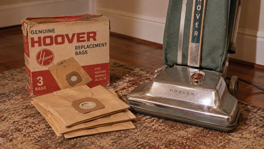A vintage Hoover vacuum cleaner sits next to a box labeled “Genuine Hoover Replacement Bags” and several loose vacuum bags on a wooden floor.