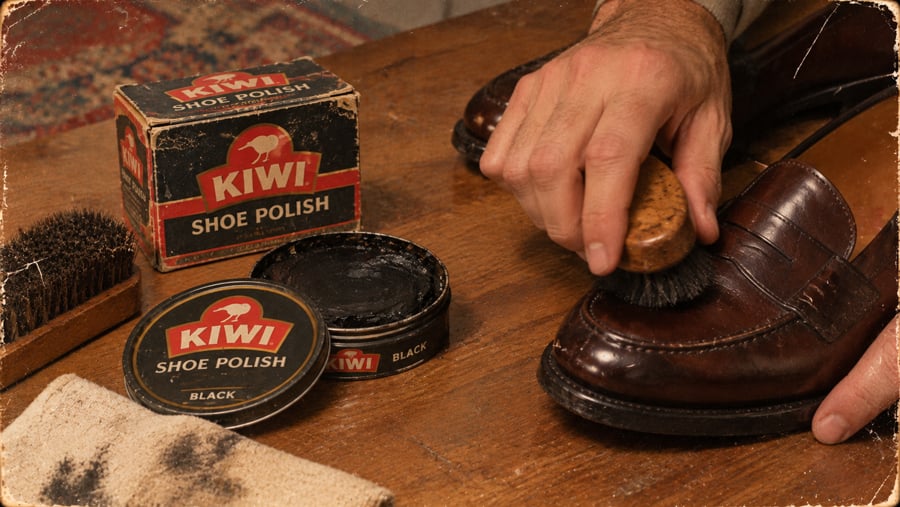 A person polishes a brown leather shoe with a brush, using KIWI shoe polish. An open tin, brush, cloth, and shoe polish box are on the wooden table.