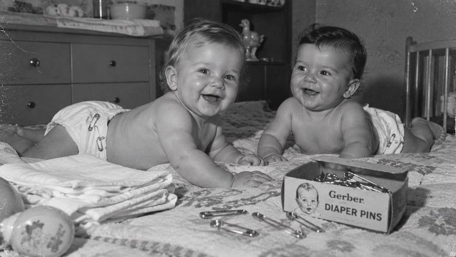 Two smiling babies in diapers lie on a bed next to a box of Gerber diaper pins, baby powder, and folded cloths. The room has a dresser, some toys, and a crib in the background.
