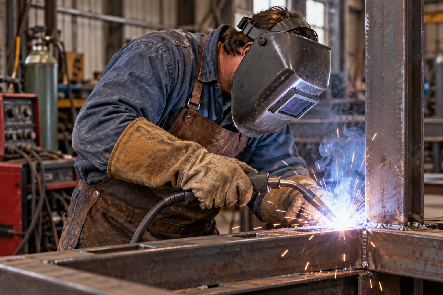 A welder wearing a protective mask and leather gear joins metal beams with a glowing arc.