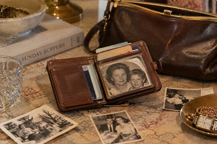 A brown leather wallet with old photos and cards sits open on a marble table, surrounded by black-and-white photographs, a glass, a gold watch, a brown purse, and a book titled “SUNDAY SUPPERS.”
