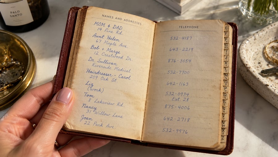 A hand holds open a vintage address book showing handwritten names, addresses, and telephone numbers. Sunlight casts shadows across the pages. A pen, Palo Santo sticks, and a glass are visible in the background.