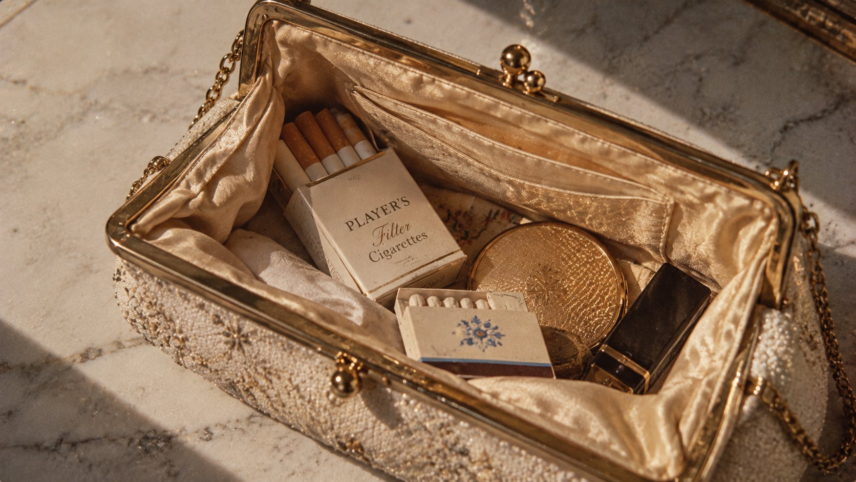 An open vintage clutch displays a pack of Player’s cigarettes, matches, a compact mirror, lipstick, and a handkerchief on a marble surface.