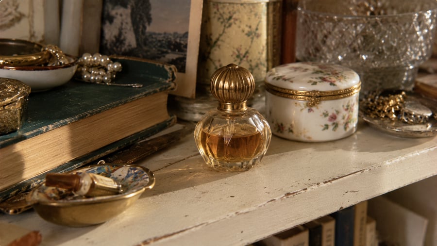 A vintage perfume bottle sits on a worn white shelf, surrounded by old books, a floral trinket box, jewelry, glass dishes, and nostalgic decorative items.